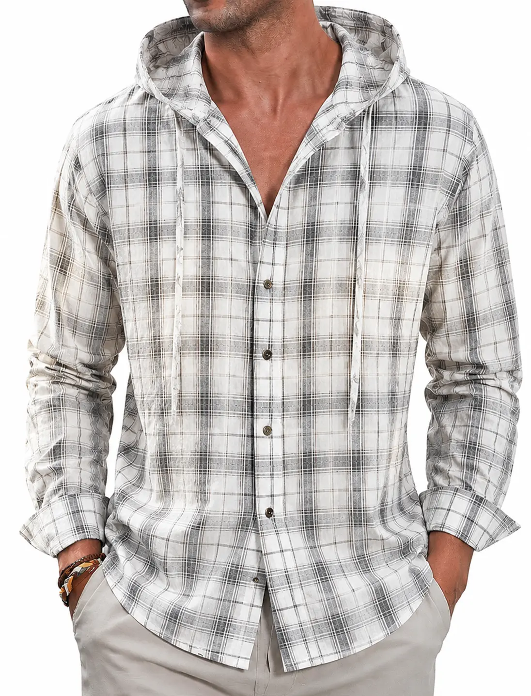 Men's Hooded Long Sleeve Shirt Yarn Dyed Plaid Button Front Shirt Classic Collar Casual Shirt Lightweight Cotton Polyester Blend Shirt Regular Fit Outdoor Travel Wear
