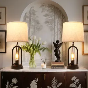 FLOWGO Bedside Table Lamp with 2 USB Ports, Set of 2 Button Control Table Lamp with One Vintage Light Bulb, ModernNi ght stand Lamp,  Desk Lamp with Fabric Cream Shade and Unique Design Base For Bedroom, Living Room, Reading