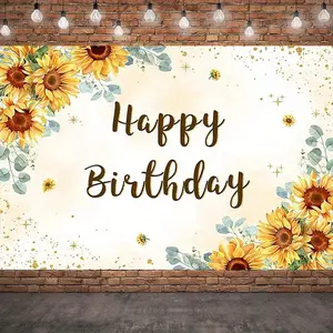 1PC,2D Flat Backdrop Sunflower Themed Happy Birthday Backdrop, Fresh Forest - Style Party Photo Background Cloth, Decorative Backdrop for Baby, Kids & Adult Birthday Party, Wall Hanging Banner fo