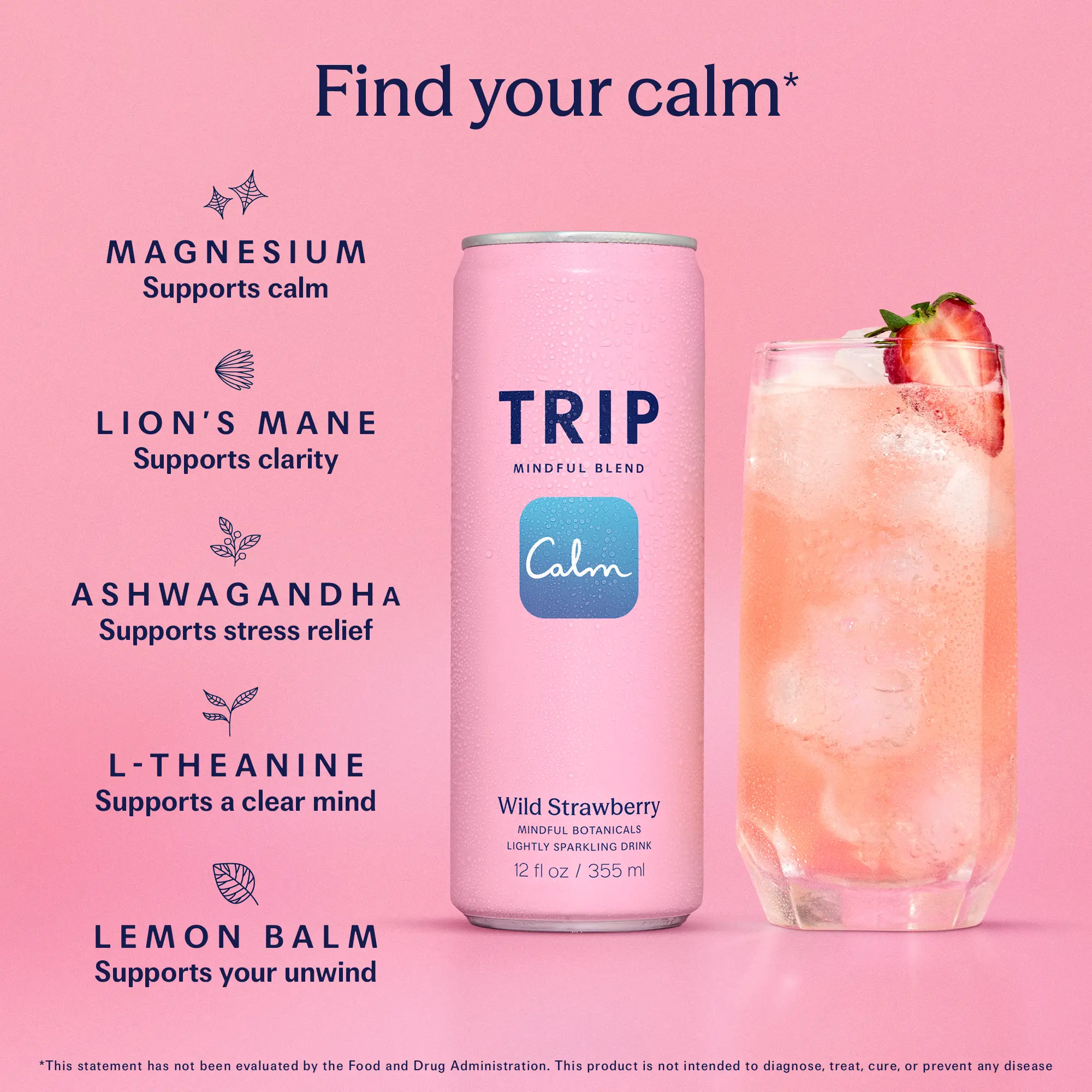 TRIP Wild Strawberry Sparkling Adaptogen Drink — 120mg Magnesium