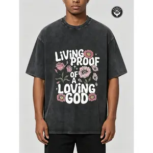 Unisex "Living Proof Of A Loving God" Inspirational Christian T-Shirt, Vintage Washed Floral Faith-Based Graphic Tee, Retro Pink Flower Print Short Sleeve Crew Neck Casual T-Shirt