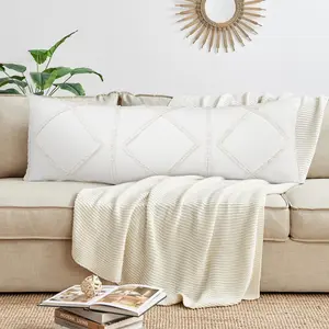 Bohemian Boho Chic Ivory Macrame Tufted Tassel Accent Decorative Couch Long Throw Zipper Body Pillow Cover Case 54x20 Solid Cream Textured Minimalist Off White Cotton Fringe Farmhouse Indie Room Decor