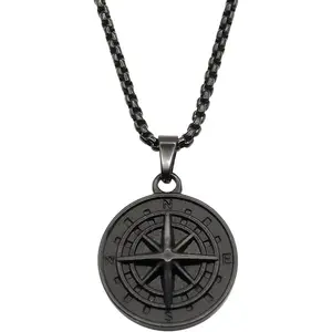 Stainless Steel Compass Pendant Necklace with 22 Inch Box Chain for Men or Women - Black or Gold Compass Pendant Northstar Jewelry