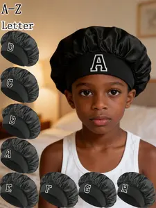 1PC A-Z Letter Alphabet Kids Hair Care Bonnet, Wide Elastic Band Non-Slip Sleep Cap Dual-Function for Sleep & Bath Kids Glossy Satin Hair Care Bonnet 3-8Y