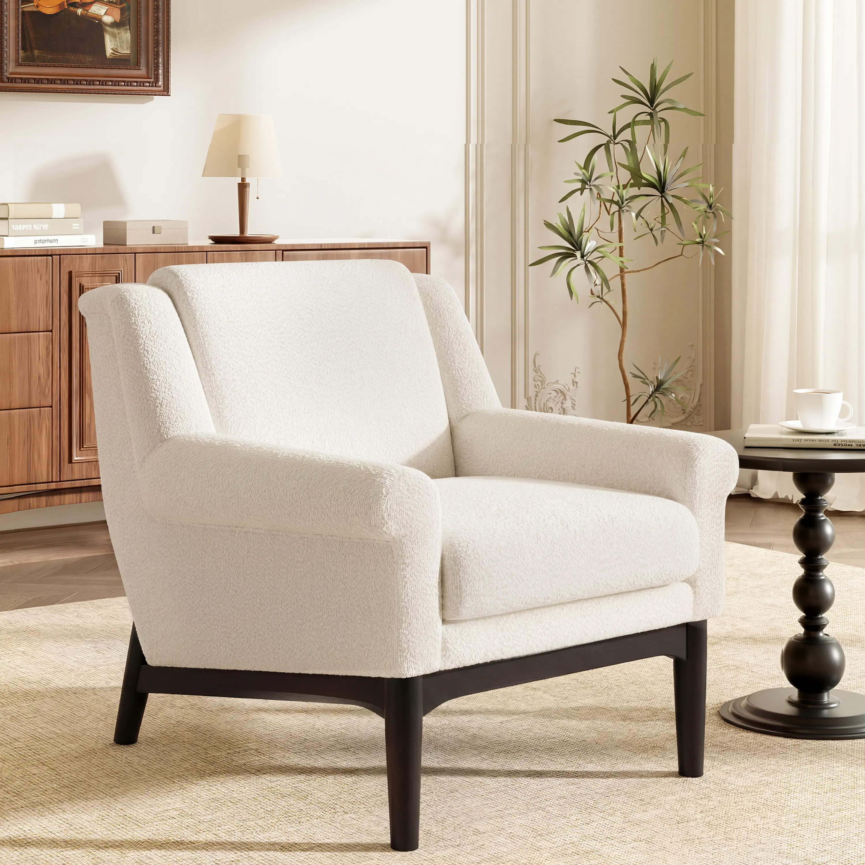 Upholstered Boucle Accent Chair with Flared Arms, Mid-Century Modern Lounge Chair, Solid Wood Legs, Ergonomic Reading Chair for Living Room or Bedroom, Beige