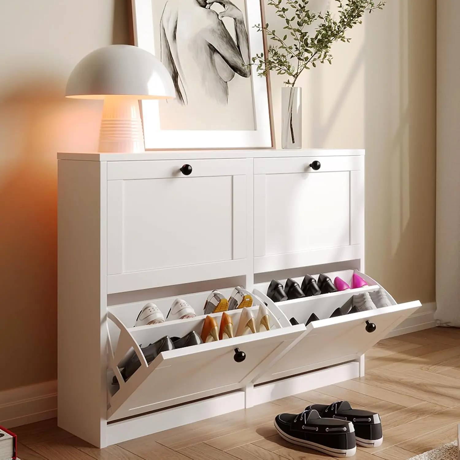 VOWNER Free-Standing Shoe Cabinet - 4 Flip Drawers, Adjustable Shelf, Anti-Tipping Device, High-Capacity Narrow Shoe Racks for Entryway, Hallway, High-Capacity Shoe Racks