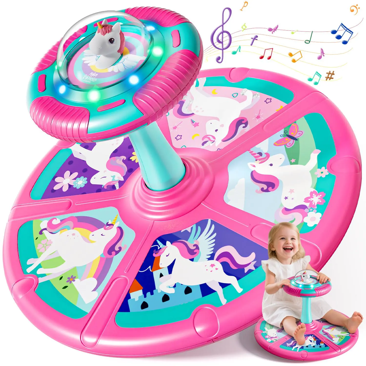 360° Sit and Spin Toys,  Training Body Coordination, Autistic Childs Swivel Chair, Children's Stress Reduction Toys, Unicorn Dinosaur Design for Girls Boys, Indoor Activity Spins Toys, Sitting Spinning, Birthday Gift for Kids with LED Lights and Music