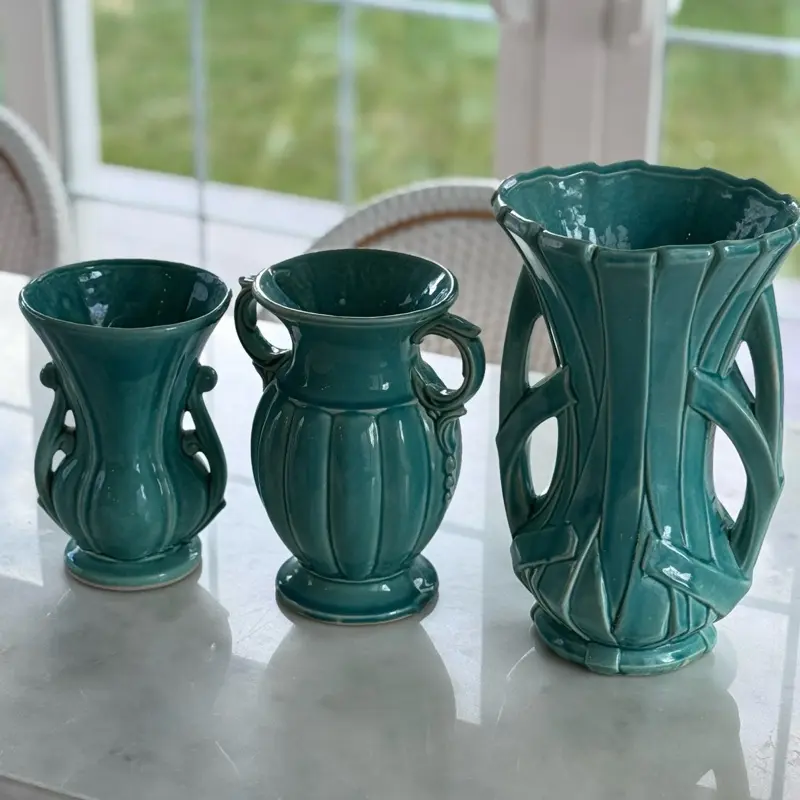 MCCOY Teal Art Pottery Vase Set
