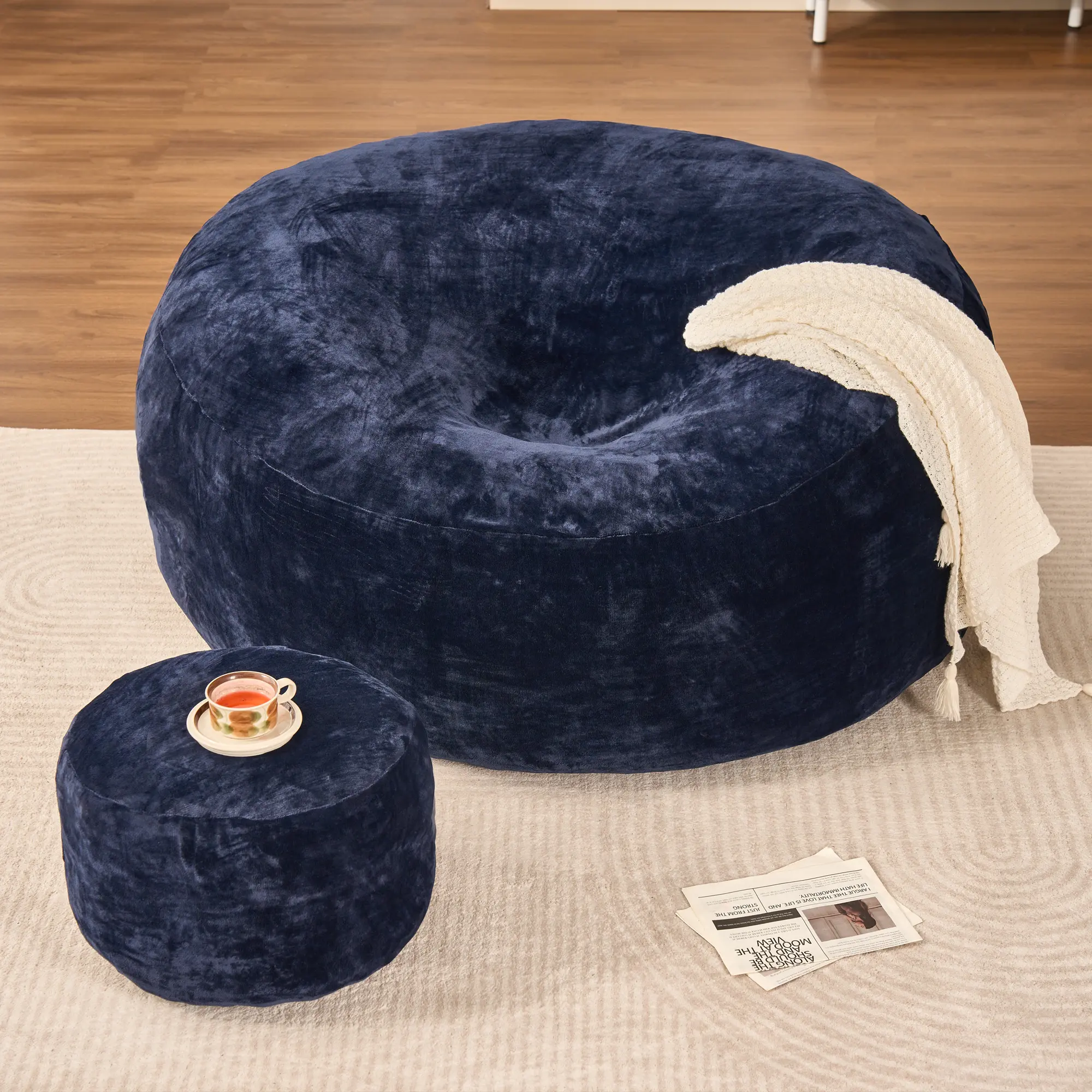 Striped Blue Bean Bag Lazy Sofa with Ottoman