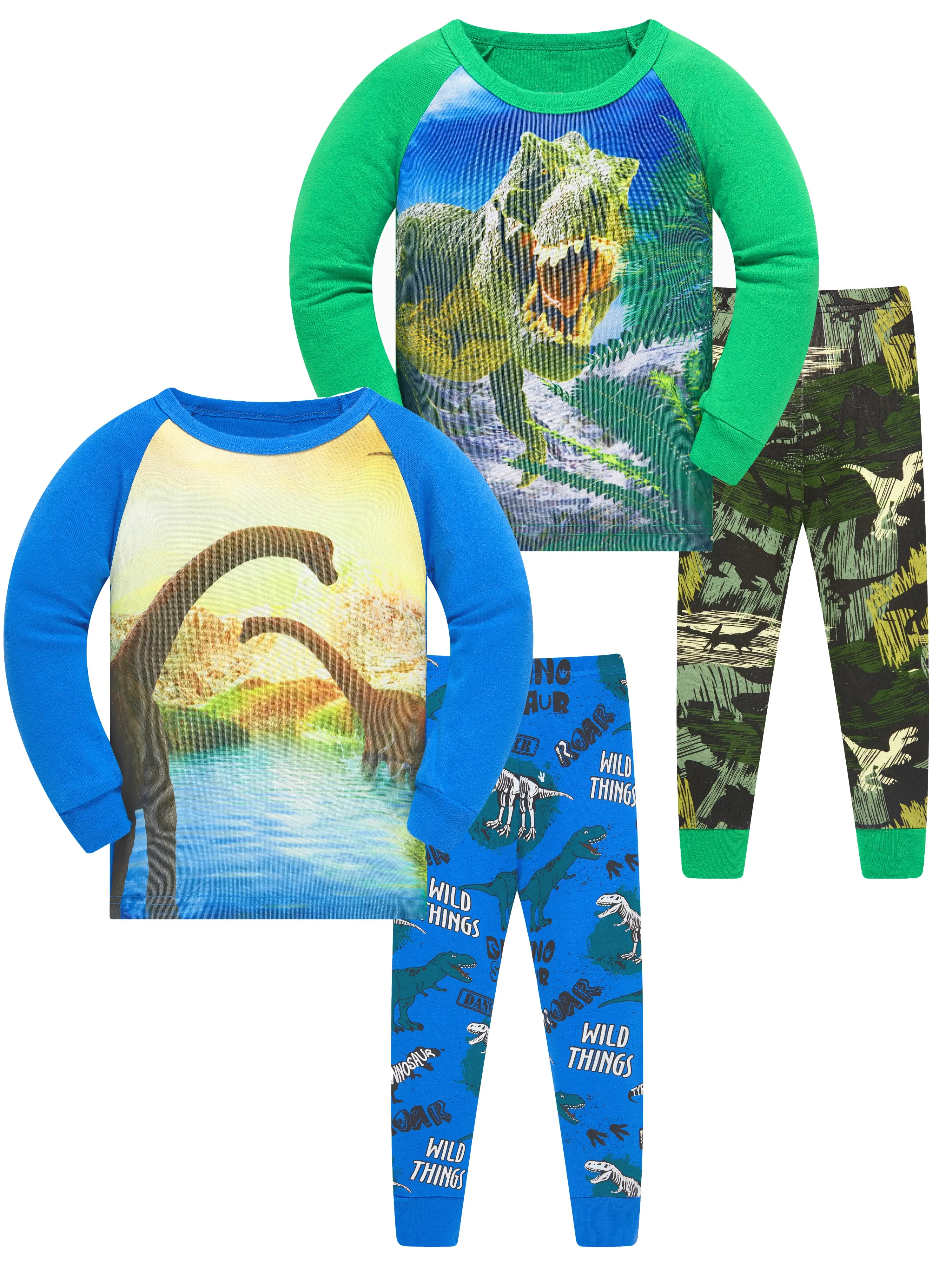 Boys' Organic Cotton Dinosaur Space Print Sleepwear, Cartoon Colorful Water Print Long Sleeve Shirt & Bottoms Set, Casual Kids' Sleepwear for 2-12 Years, Cartoon Colorful Sleepwear, Tagless Label