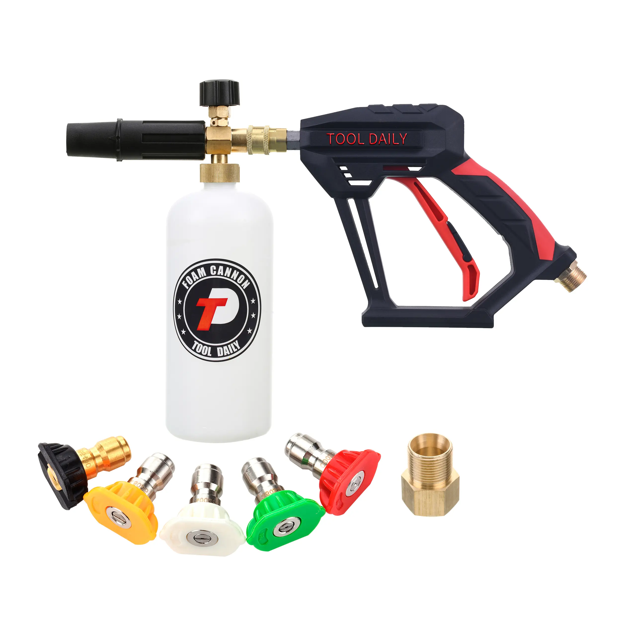Tool Daily Short Handheld Pressure Washer Cannon with 1/4 Inch Quick Connector, 5 Nozzle Tips, 1L Snow Foam Lance, Car Wash Sprayer for Motorcycle, Windows, Detailing Trucks (8 GPM)