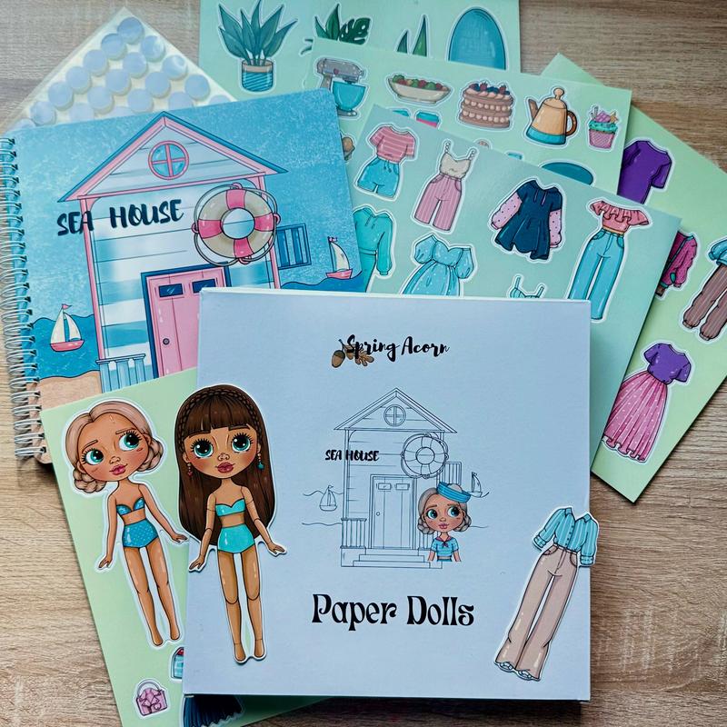 Sea House – Paper Dolls Activity Book (Velcro Dress-Up, 2 Dolls, Coastal Rooms) | Spring Acorn