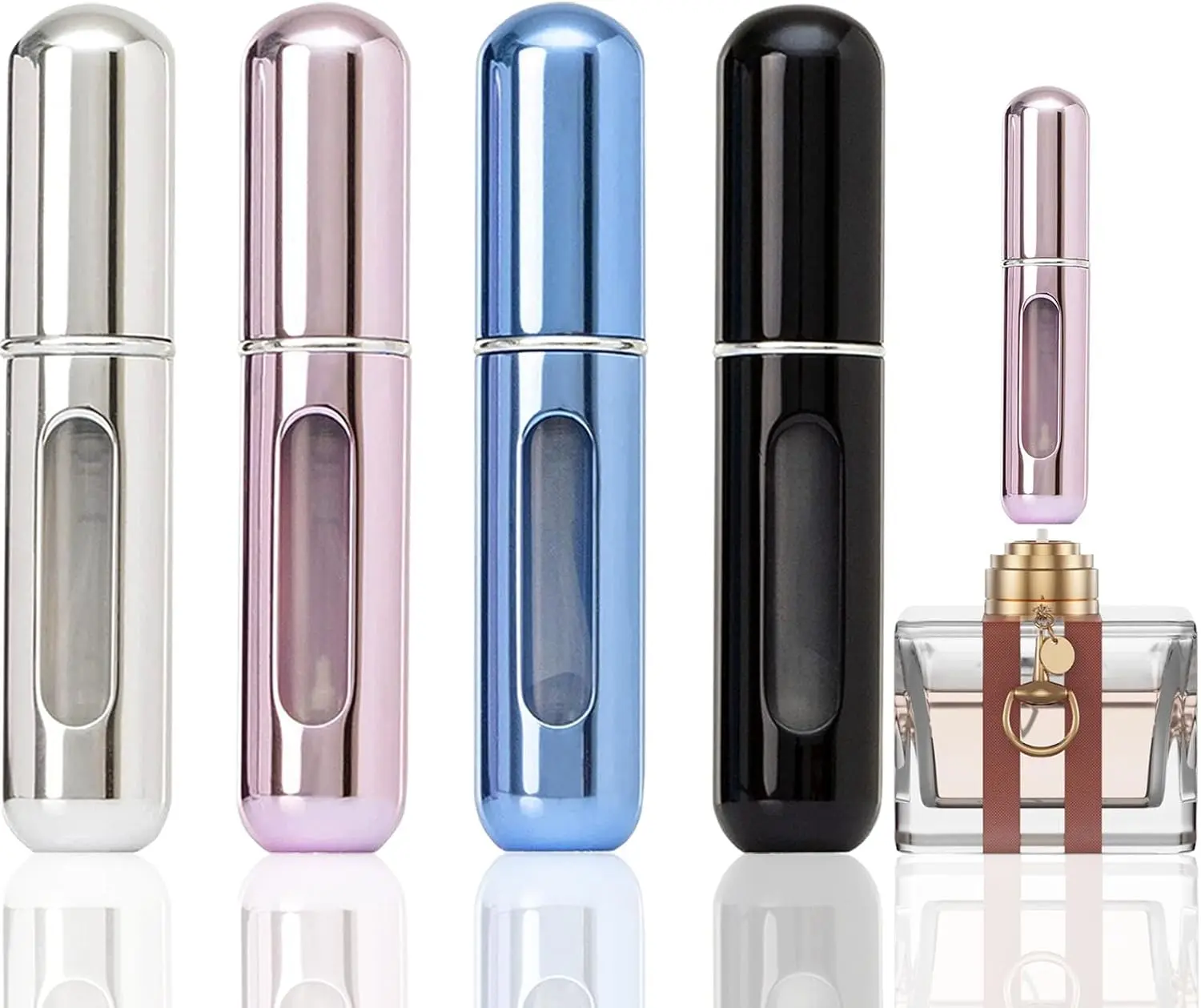 4 Pack 5ml Refillable Mini Perfume Atomizer Bottles, Portable Bottom Fill Travel Spray Bottles, Leak-Resistant Cologne & Fragrance Dispenser for Purse, Pocket & Luggage (Silver, Pink, Blue, Black)