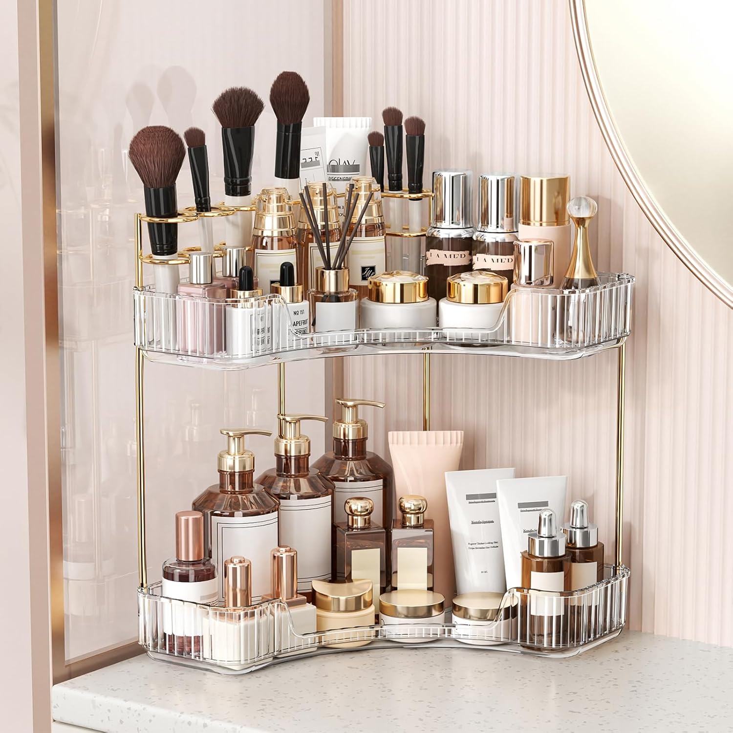 2-Tiers Corner Bathroom Counter Organizer, Clear Countertop Shelf Storage Rack, Cosmetic Perfume Tray Standing Holder with Gold Metal Pole, Skincare Sink Organizer for Vanity Kitchen Transparent Smooth outdoorfun
