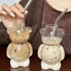 2 pieces/set (1 small bear glass water cup + 1 glass straw), High borosilicate glass cup, bear coffee mug, transparent cocktail glass, Stylish glass cups, INS-style cartoon single-layer glass cup, reusable, Stylish Drinkware