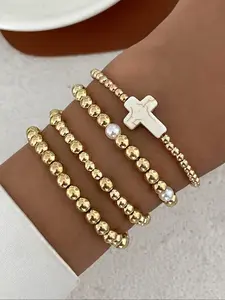 Women's Heart Cross Bracelets Set, Simple Fashion Beaded Design, Perfect Gift for Friends & Daily Wear, Ideal for Parties & Events