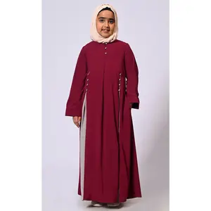 Pleated Perfection: Girl's Maroon Abaya with buttons detailing & Side Pockets