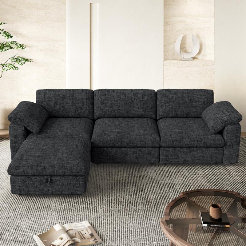 【Shipped in four Packages】118" L Shaped Modular Sectional Sofa, Oversized 3-Seater Convertible Cloud Couch, Modern Chenille Sectional Couches for Living Room, Cream White 1 PCS