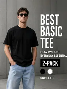 Men's 2-Pack 100% Combed Cotton T-Shirts (Black & White), 180g Natural Jet Fabric Short-Sleeve Round Neck Casual Tees, Breathable Summer Basics, Precision Stitching, Shape-Retention, Durable Unisex Regular & Oversized Fits, Tshirt