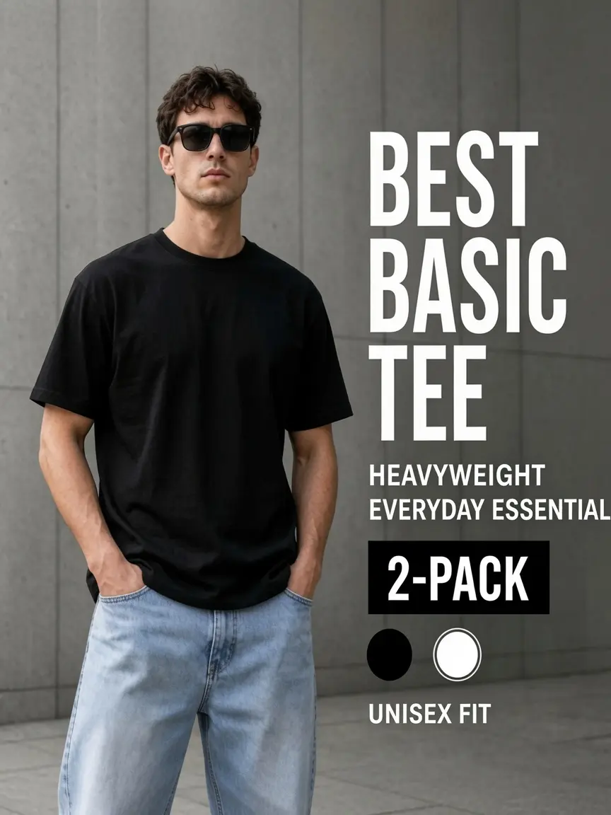 Men's 2-Pack 100% Combed Cotton T-Shirts (Black & White), 180g Natural Jet Fabric Short-Sleeve Round Neck Casual Tees, Breathable Summer Basics, Precision Stitching, Shape-Retention, Durable Unisex Regular & Oversized Fits, Tshirt