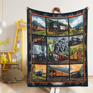Cozy Flannel Throw Blanket with Vintage European Steam Train & Maple Leaf Print – Ultra Soft Warm Blanket for Couch Bed or Travel, Perfect Gift for Train Lovers