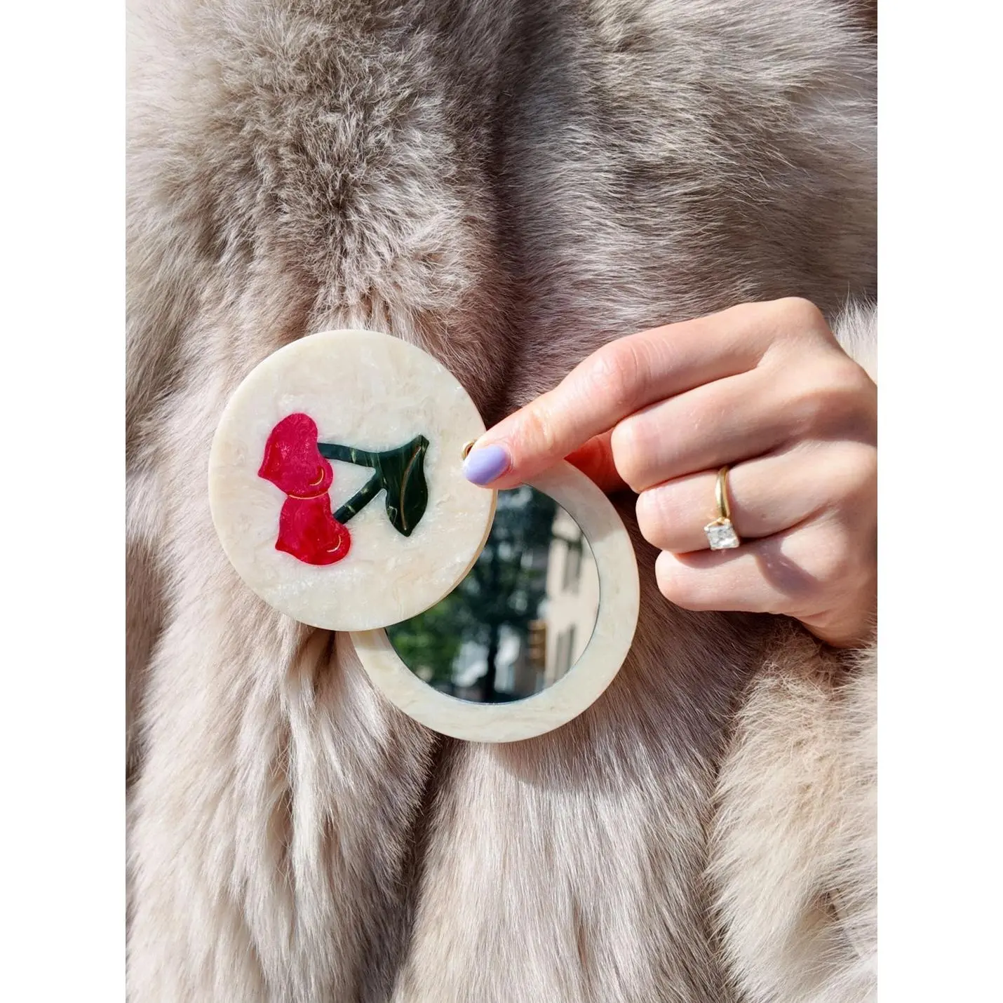 Hand-Painted Cherry Hearts Compact Mirror | Eco-Friendly