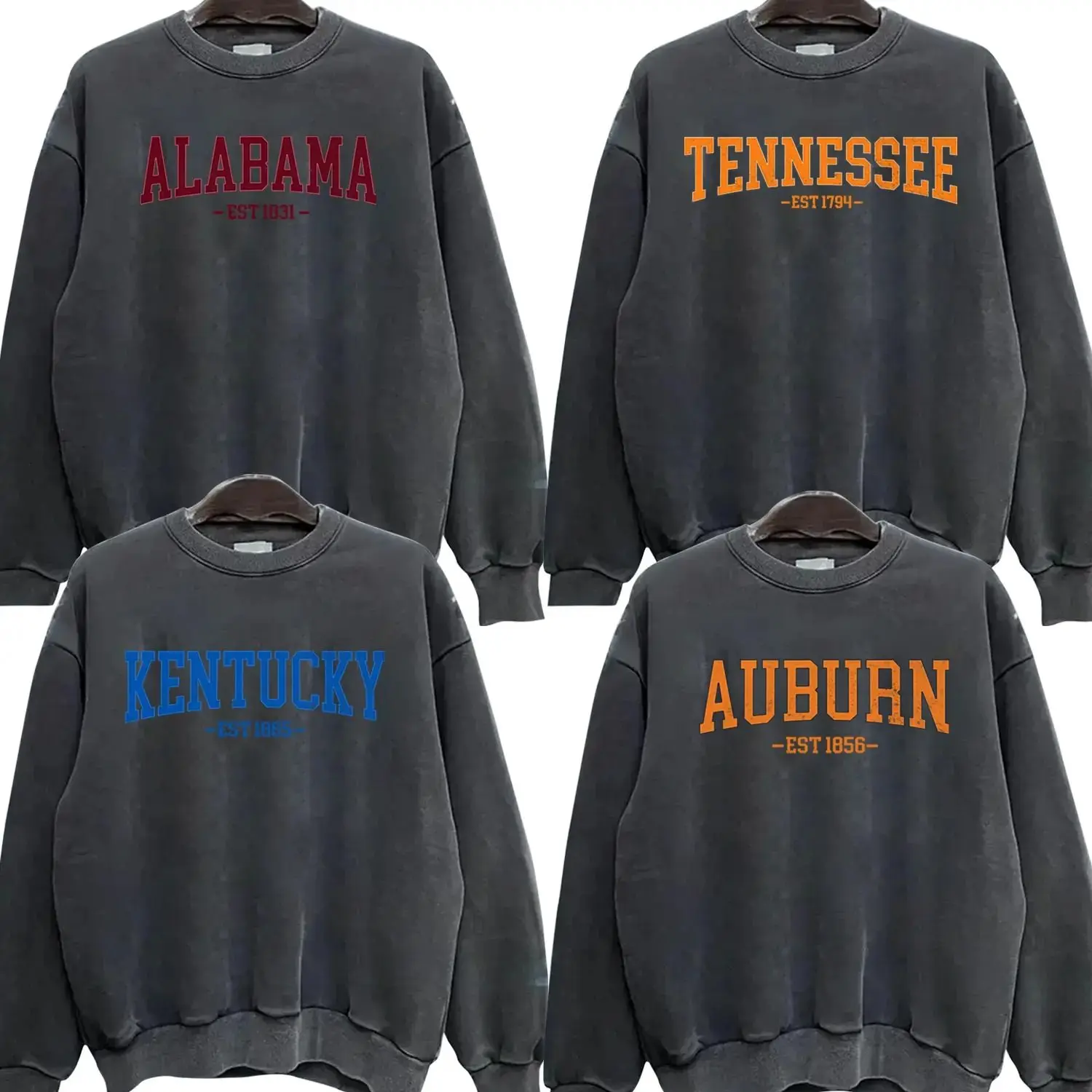 Vintage Varsity State Distressed Cozy Unisex Fleece Crewneck Sweatshirt for Campus Wear, Gift for Students, by Kaylan Eppes, USA-Made & Printed Apparel	