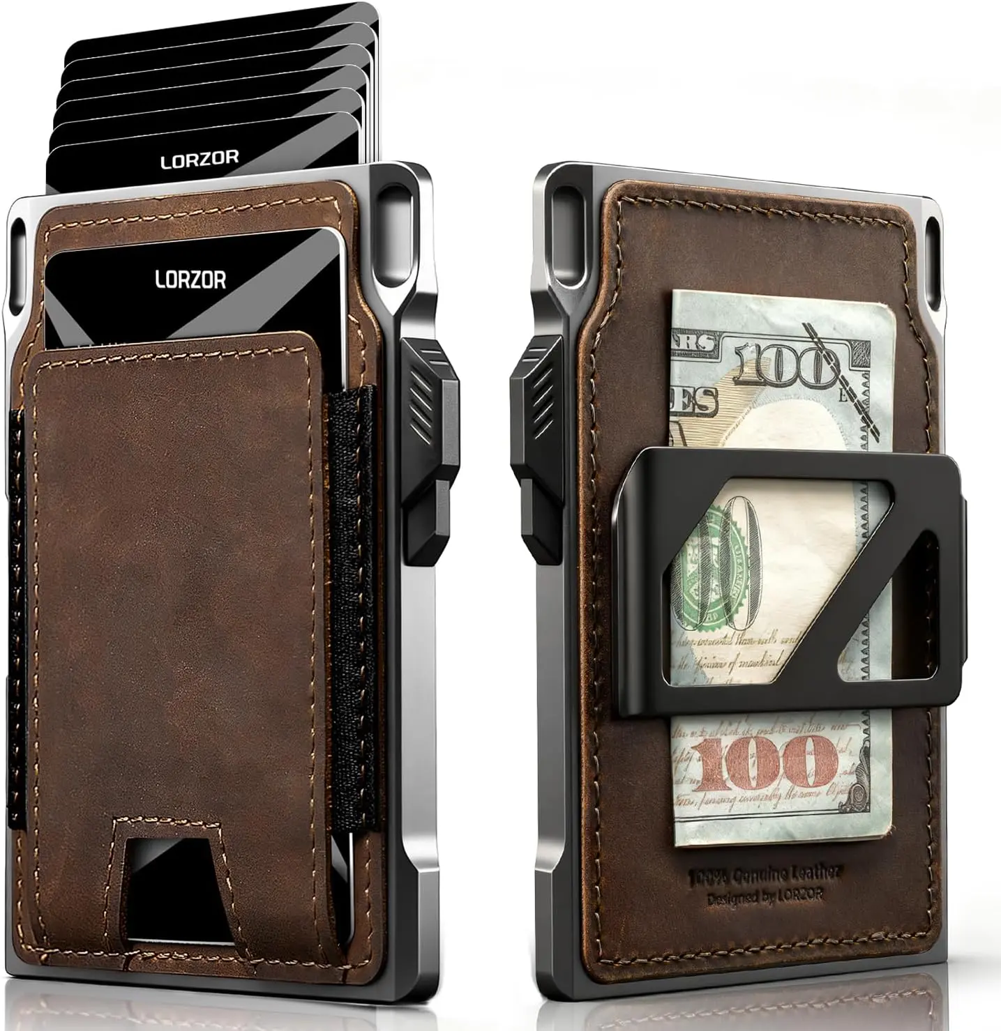 Slim Tactical Wallet for Men- Minimalist Front Pocket Full Grain Leather Wallet for 10 Cards, RFID Blocking Aluminum Cardholder, Smart Pop Up Card Case, Money Clip, Gift Boxed(DistressBrown)