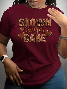 【Plus Size】Letter Print Round Neck Tee, Casual Short Sleeve T-Shirt for Summer, Women's Plus Clothing for Daily Wear