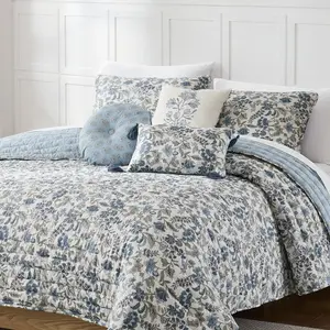 Lush Decor Lillian Block Print Reversible Quilt 6 Set - Classic Floral Microfiber with Polyfill - OEKO-TEX Certified - Machine Washable