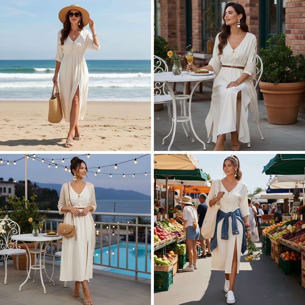 Chicovar Women's Boho V Neck 3/4 Sleeve Midi Dress with Pockets, Tie Front Button, Elastic Waist Batwing Sleeve Slit Dress for Beach Vacation, Easter dress,Casual Wear, Party & Date