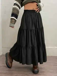 Women's Waist Cinched Ruffle Maxi Skirt, Casual Half Skirt with Shirt, Lightweight Long Flounce Hem, Regular Fit Natural Dress, Bottoms, Fitted, Womenswear