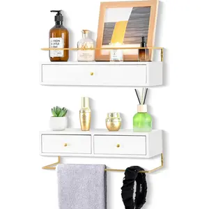 Floating Shelves for Wall Storage, Wall Mounted Bathroom Shelf with Drawers Set of 2, Rustic  Floating Drawers for Living Room, Kitchen, Wall Decor, , Books, White