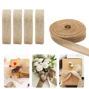 5 Rolls Natural Burlap Fabric Ribbon 1/4 Inches Tan Jute Linen Ribbon Rolls for Party Decoration, DIY Crafts Gift Wrapping Christmas Halloween Gifts Making