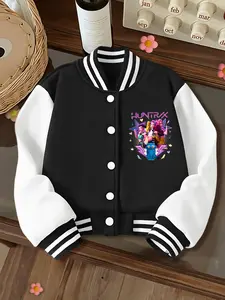 Halloween Girls Short Baseball Collared Jacket, Casual Sports School Uniform, Elastic Fabric, Youth Fashion, Fall & Winter Outerwear