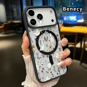 Magnetic Phone Case for iPhone 17 Pro Max 16 Plus 15 14 13 12 11 Air E Goose and Flower Dream Pattern Acrylic Back TPU Edges Shockproof Ultra Thin Mobile Phone Cover Gift