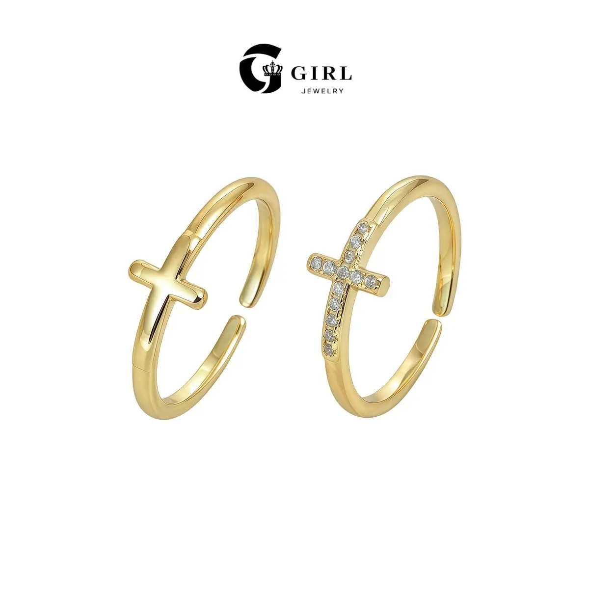 GGIRL 14K Gold Plated Zirconia Copper Cross Open Adjustable Ring for Men Women Exquisite Stylish Ring, Ideal Jewelry Gifts for Summer Beach Parties Holiday Birthdays Anniversaries Various Festivals Occasions