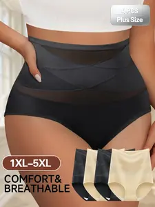 4pcs Plus Size X-Cross High Waist Women's Briefs Panties, Tummy Control Butt Lifting, Breathable Shapewear, Slim-Fitting, All Seasons