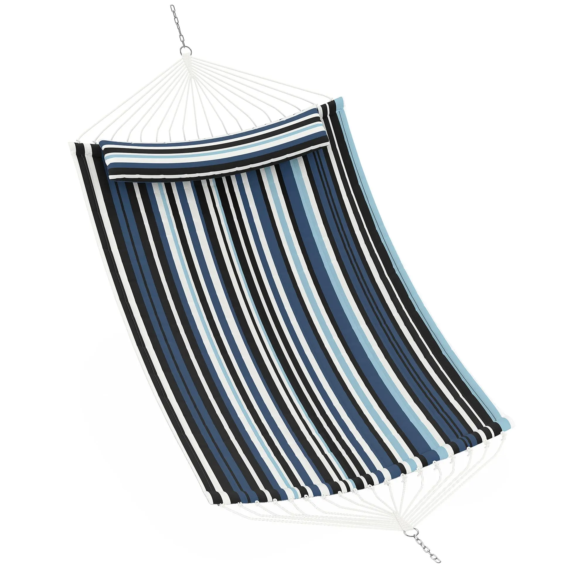 2 Person Double Quilted Outdoor Hammock, Weather Resistant Lounge portable Hammock with Curved Spreader Bar, Soft Pillow and Side Pockets for Patio & Backyard