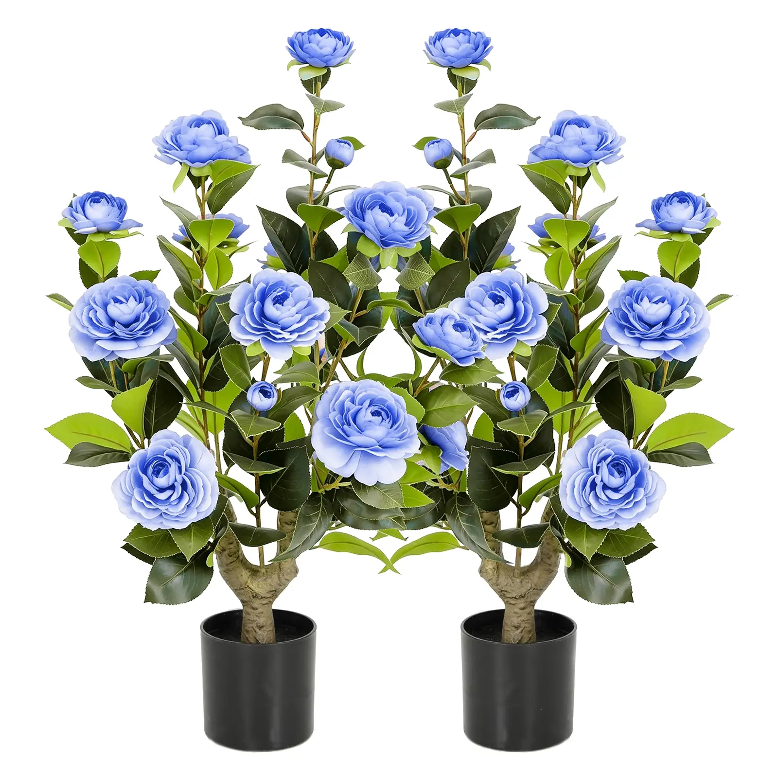 2 Pcs Artificial Camellia Trees Faux Camellia Plant in Pot with Flowers Indoor Plants for Spring Home Decor Outdoor Porch Front Door Decor (blue, M)