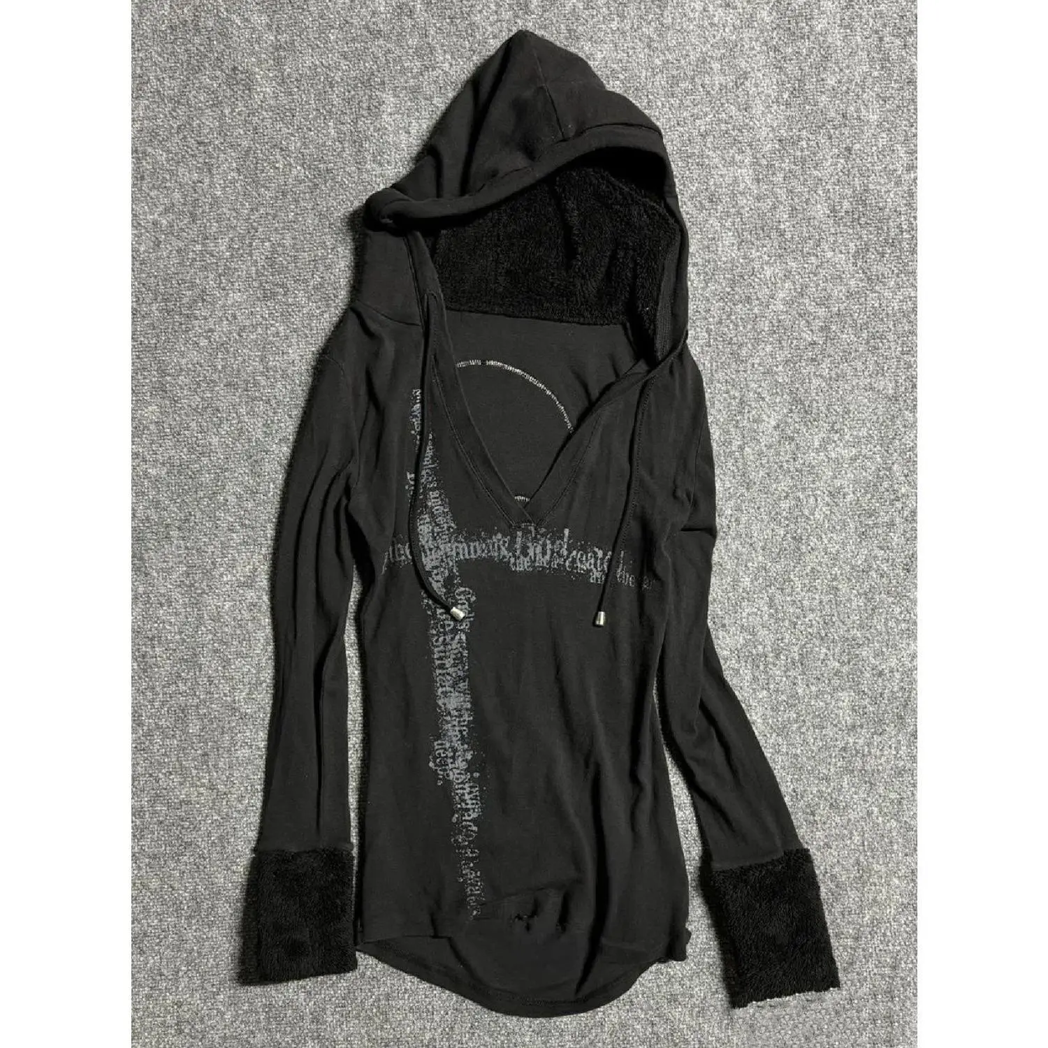 Y2k Aesthetic Fur Patchwork Long Sleeve Women T-shirt Gothic Punk Vintage Hooded Drawstring Tshirts Grunge Print Slim Fit Tees
