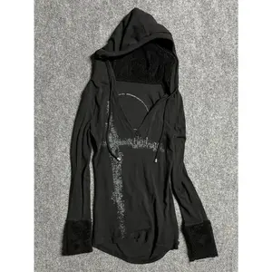 Y2k Aesthetic Fur Patchwork Long Sleeve Women T-shirt Gothic Punk Vintage Hooded Drawstring Tshirts Grunge Print Slim Fit Tees