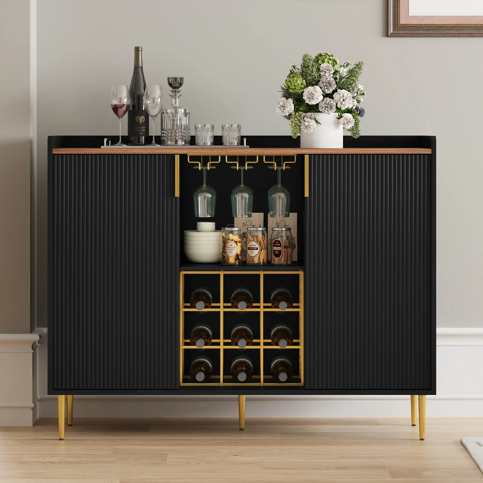 Black Double Door Mini Bar Cabinet with Gold Accents Stylish Space Saving Versatile for Living Room Kitchen Home Office Ideal for Wine Lovers Home Entertainers Modern Decor Aficionados Offers Ample Storage Elegant Display