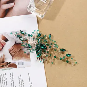 European and American Cross-Border Bridal Hair Accessories Emerald Green Hair Comb Handmade Wedding Hair Accessories Vintage Rhinestone Inverted Comb