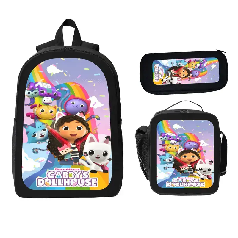 Gabby's Dollhouse 3-Pcs Set Backpack - Cute Pink Backpack, Lunch Bag, Pencil Case for Girls Teens, Lightweight Aesthetic Bag for School, Travel, Work