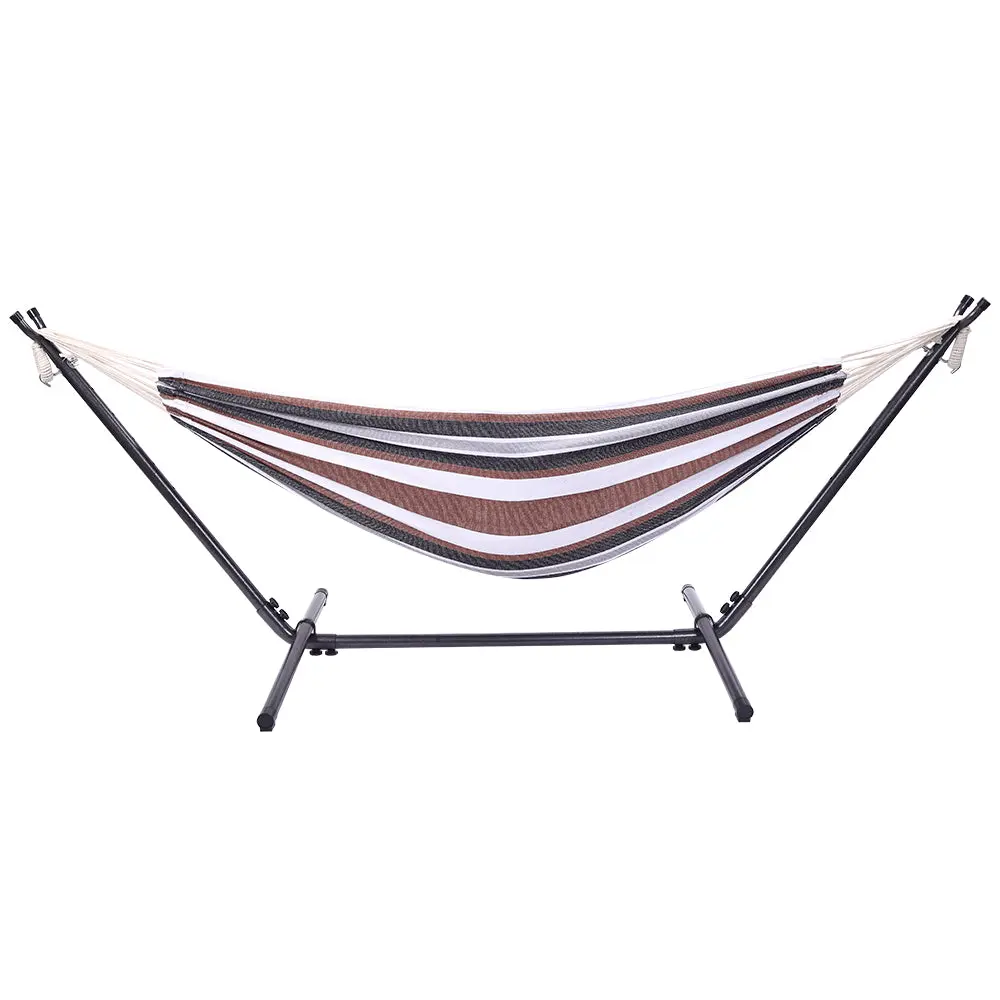 NEWZOME Professional Black And Silver Floral Hammock Stand With Comfortable Polyester Coffee Stripe Hammock Portable Lightweight Durable Easy To Assemble Outdoor Relaxation Furniture
