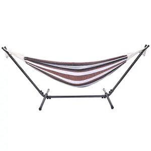 NEWZOME Professional Black And Silver Floral Hammock Stand With Comfortable Polyester Coffee Stripe Hammock Portable Lightweight Durable Easy To Assemble Outdoor Relaxation Furniture