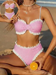 COCOMAY New Lace Decor Sweet Striped Frill Trim Bikini Set