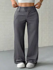 【Plus Size】 Pinstripe Print Pants, Casual Work Pants, Classy Casual Trousers, Elegant Comfy Trousers for Work Office Business, Women's Bottoms, Casual Chic Bottoms for All Seasons