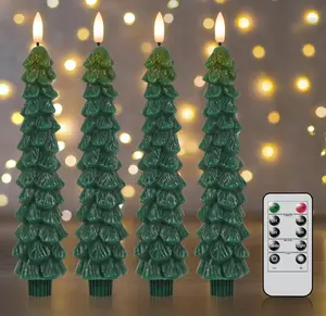 【Ten thousand people have already collected it】4 Pack Christmas Tree Candles Covered in Snow with Remote, 9.65 Inch Real Wax flameless taper , LED Candles Battery Operated with 3D Flickering Flame, Green Candle holder Christmas Home Decor Products